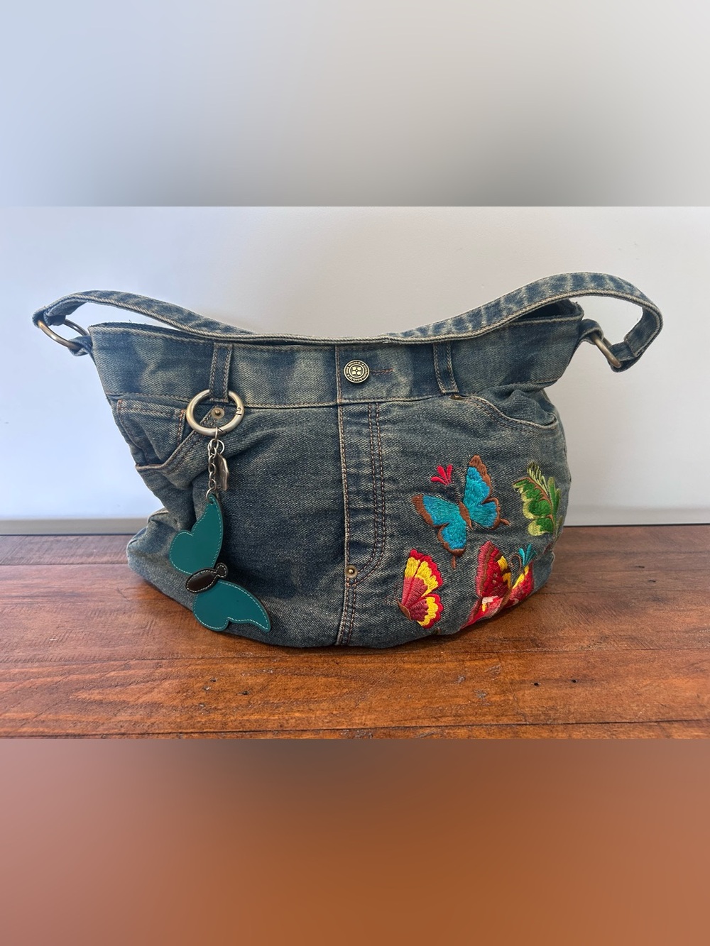 Patricia Nash Embroidered Denim Zip Top Hobo Bag w/Butterfly Bag Charm & Dustbag